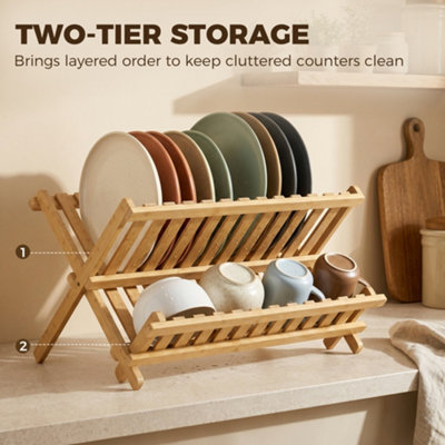 HOMCOM 2-Tier Kitchen Storage Unit with Slatted Draining Shelves, Natural