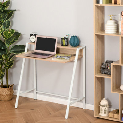 HOMCOM 2-Tier Storage Computer Workstation with Metal Frame White Oak