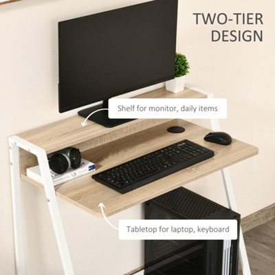 HOMCOM 2-Tier Storage Computer Workstation with Metal Frame White Oak