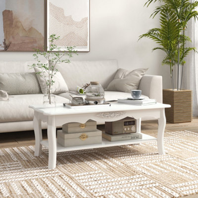 HOMCOM 2 Tier Wooden Coffee Tea Table End Table Storage Shelf 94Lx44Wx42H White