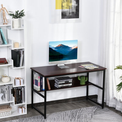 HOMCOM 2-Tier Writing Desk Metal Frame Smooth Shelves Storage Shelf Brown