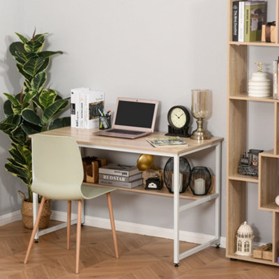 HOMCOM 2 Tier Writing Desk Metal Frame Smooth Shelves Storage Shelf Oak Colour