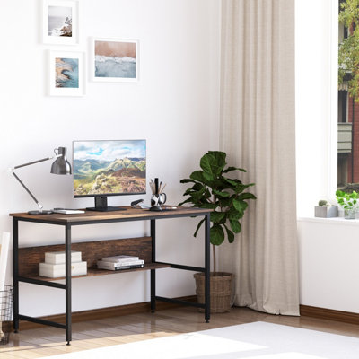 HOMCOM 2 Tier Writing Desk Metal Frame Smooth Shelves Storage Shelf Rustic Brown