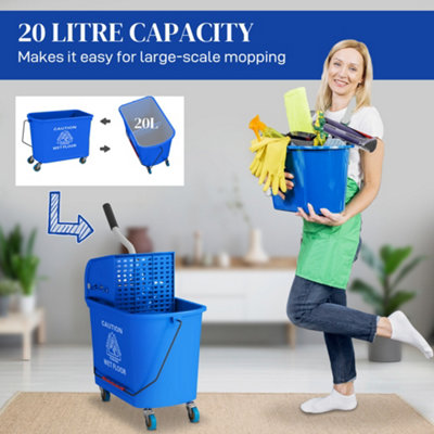 HOMCOM 20L Mop Bucket with Wringer Handle on Wheels for Floor Cleaning Blue