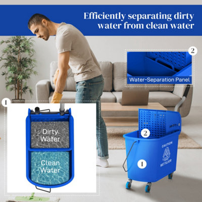 HOMCOM 20L Mop Bucket with Wringer Handle on Wheels for Floor Cleaning Blue