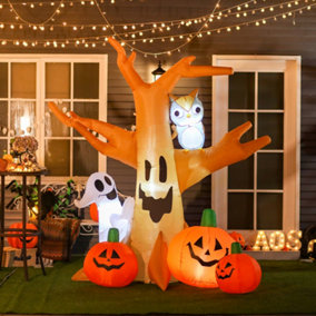 HOMCOM 240cm Large Halloween Scary Lighting Inflatable Tree Ghost 3 Pumpkins Owl 4 LED Indoor Outdoor Holiday Decoration