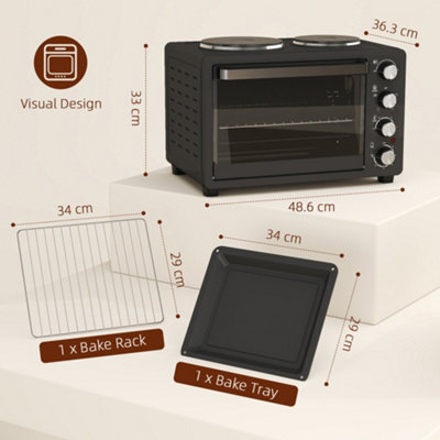 HOMCOM 28L Countertop Toaster Oven with 2 Hot Plates, Grill, Roast, Bake