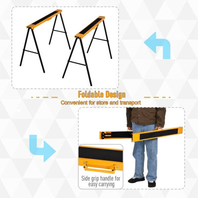 HOMCOM 2PCS Saw Horse Twin Pack Folding Workbench Metal Trestle Stands with Non-slip EVA Surface for Sawing Work Max Load 125kg - 7