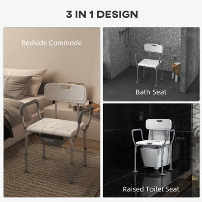 HOMCOM 3 in 1 Shower Chair Adjustable Bedside Commode Raised Toilet Seat White
