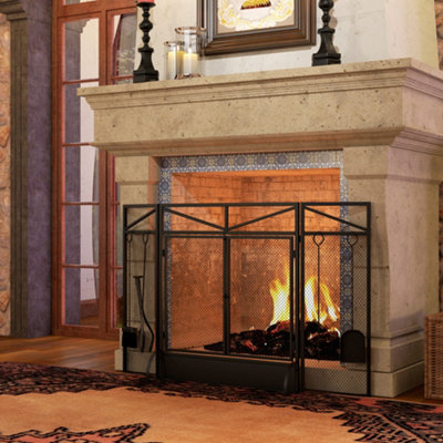 3 Fold Polished Brass Fireplace Screen W/ Woven Mesh