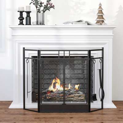 HOMCOM 3 Panel Folding Fire Screen with Double Door Fireplace 4 Tools Set