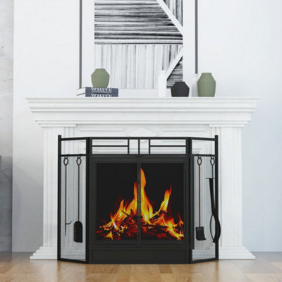 HOMCOM 3 Panel Folding Fire Screen with Double Door Fireplace Tool Accessary Price Comparisons | Compare The Build