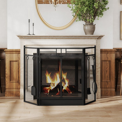 HOMCOM 3 Panel Folding Fire Screen with Double Door Fireplace Tool ...