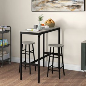 HOMCOM 3 Piece Bar Set, Industrial Kitchen and Chair Set for Small Space, Grey