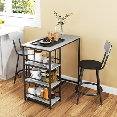 HOMCOM 3 Piece Breakfast Bar Table Set with Storage Shelves, Light Grey