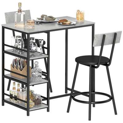 HOMCOM 3 Piece Breakfast Bar Table Set with Storage Shelves, Light Grey