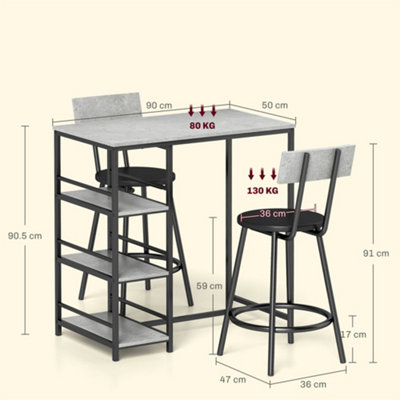 HOMCOM 3 Piece Breakfast Bar Table Set with Storage Shelves, Light Grey