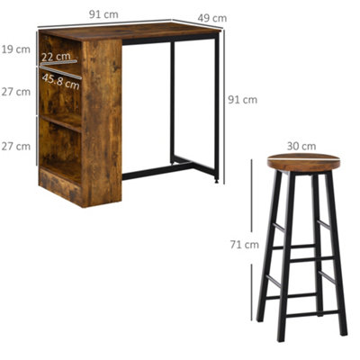 HOMCOM 3 Pieces Bar Table Set Height Table 2 Stools w/ Storage Shelf, Footrest