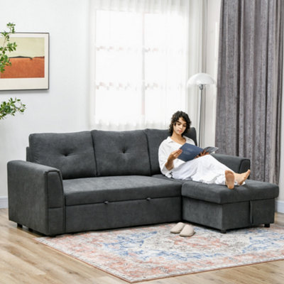 HOMCOM 3 Seater Sofa Bed, Convertible Pull Out Sofa with Storage, Dark Grey