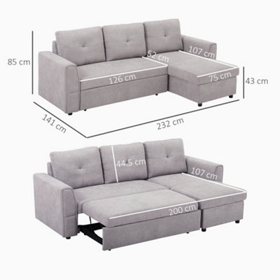 HOMCOM Seater Sofa Bed, Convertible Pull Out Sofa with Storage, Grey