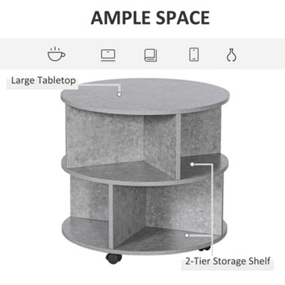 HOMCOM 3 Tier Coffee Table Round Rolling Centre Table w/ Wheels Cement