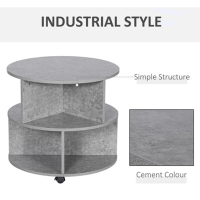 HOMCOM 3 Tier Coffee Table Round Rolling Centre Table w/ Wheels Cement