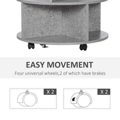 HOMCOM 3 Tier Coffee Table Round Rolling Centre Table w/ Wheels Cement