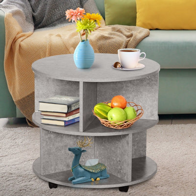HOMCOM 3 Tier Coffee Table Round Rolling Centre Table w/ Wheels Cement