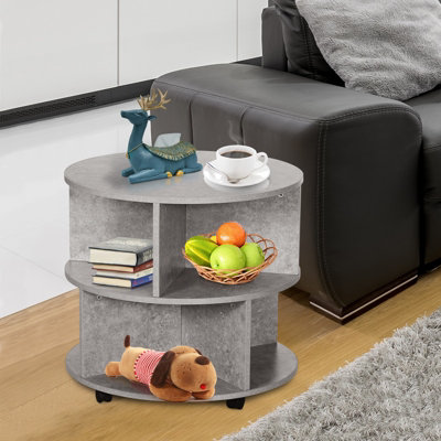 HOMCOM 3 Tier Coffee Table Round Rolling Centre Table w/ Wheels Cement