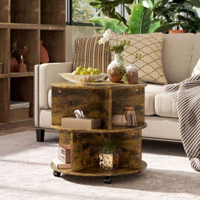 HOMCOM 3 Tier Coffee Table Round Rolling Centre Table w/ Wheels Rustic Brown