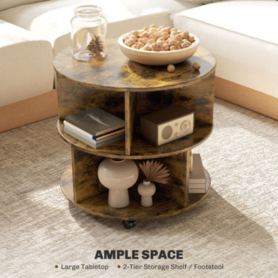 HOMCOM 3 Tier Coffee Table Round Rolling Centre Table w/ Wheels Rustic Brown