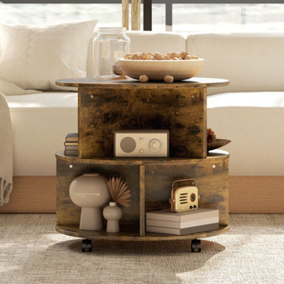 HOMCOM 3 Tier Coffee Table Round Rolling Centre Table w/ Wheels Rustic Brown