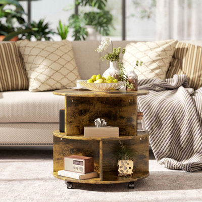 HOMCOM 3 Tier Coffee Table Round Rolling Centre Table w/ Wheels Rustic Brown