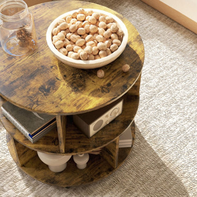 HOMCOM 3 Tier Coffee Table Round Rolling Centre Table w/ Wheels Rustic Brown