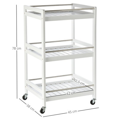 HOMCOM 3-Tier Home Trolley Kitchen Storage w/ Steel Bars 4 Wheels Rolling White