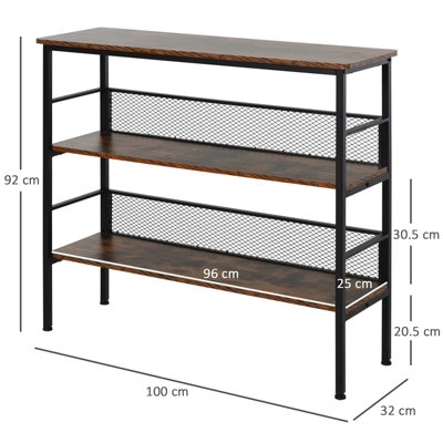 HOMCOM 3-Tier Industrial Style Storage Shelf Metal Frame Adjustable Feet Brown