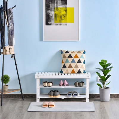 HOMCOM 3-Tier Open Shoe Rack Hidden Storage Wood Frame Wide Shelves White