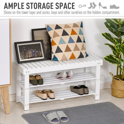 HOMCOM 3-Tier Open Shoe Rack Hidden Storage Wood Frame Wide Shelves White