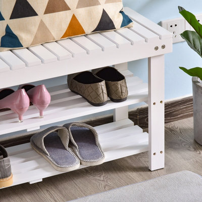 HOMCOM 3-Tier Open Shoe Rack Hidden Storage Wood Frame Wide Shelves White