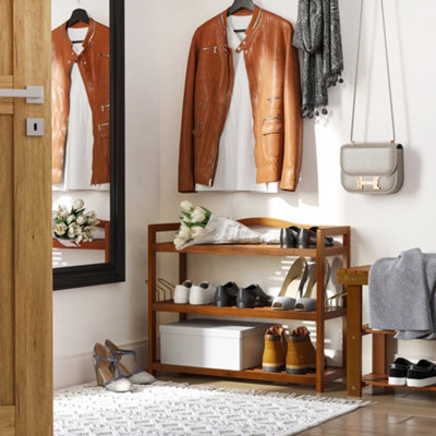 HOMCOM 3-Tier Shoe Rack Acacia Wood Shoe Storage Shelf for Entryway Bedroom Teak