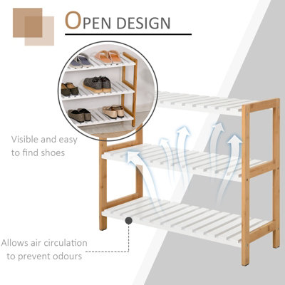 HOMCOM 3-Tier Shoe Rack Wood Frame Slatted Shelves Open Storage, Natural