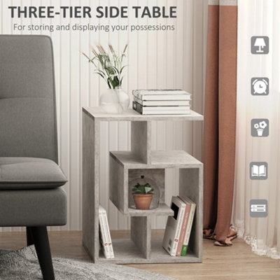 HOMCOM 3-Tier Side End Table Open Shelves Storage Magazine Desk Grey