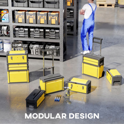 HOMCOM 3-Tier Tool Box with Wheels, Stackable Steel Toolbox, Yellow