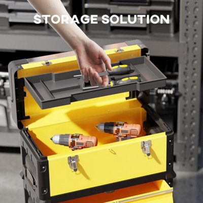HOMCOM 3-Tier Tool Box with Wheels, Stackable Steel Toolbox, Yellow