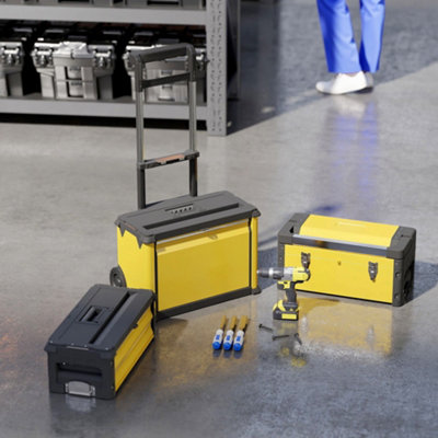 HOMCOM 3-Tier Tool Box with Wheels, Stackable Steel Toolbox, Yellow