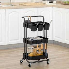 HOMCOM 3-Tier Utility Cart, Rolling Serving Trolley with Baskets and Hooks