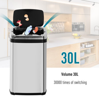 HOMCOM 30L Automatic Kitchen Bin with Lid and Infrared Motion Sensor Silver