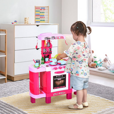 HOMCOM 38-Piece Children's Kitchen Play Set w/ Realistic Sounds Lights Food Pink