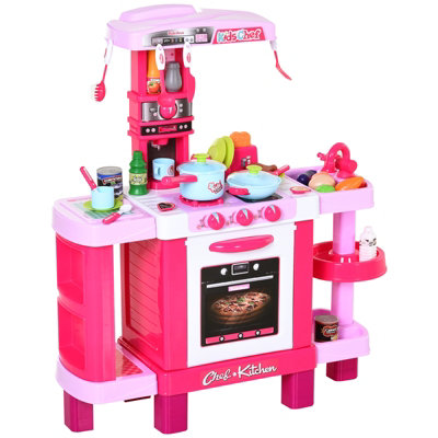 HOMCOM 38-Piece Children's Kitchen Play Set w/ Realistic Sounds Lights Food Pink