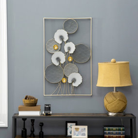 HOMCOM 3D Metal Wall Art Modern Lotus Leaves Hanging Wall Sculpture Home Decor for Living Room Bedroom Dining Room, Grey Gold